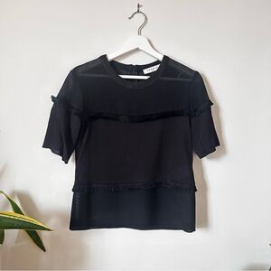 Sandro Fringe Mesh Short Sleeve Top in Black Size 1